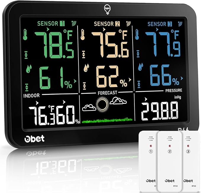 OBET Weather Station Wireless Indoor Outdoor Thermometer Wireless, Color Display Digital Temperature and Humidity Monitor with 3 Sensors, Alerts, Adjustable Backlight, USB Port (500 Feet) - Image 9