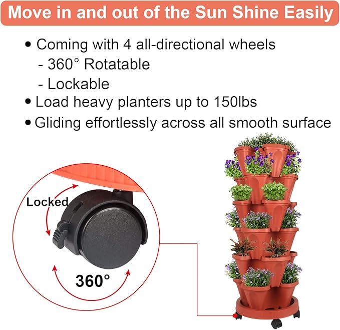 GameXcel Vertical Planter 6 Tier Stackable Planters Garden Planters Strawberry Herb Flower and Vegetable Planter Indoor Outdoor Gardening Pots with Removable Wheels and Tools - Image 6