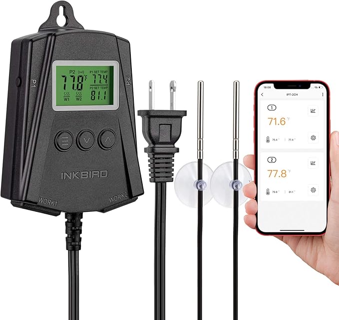 Inkbird WiFi Heat Mat Reptile Thermostat Controller Temperature Controller with 2 Probes and 2 Outlets, IPT-2CH Reptiles Heat Mat Thermostat (Max 250W per Outlet) by Inkbird