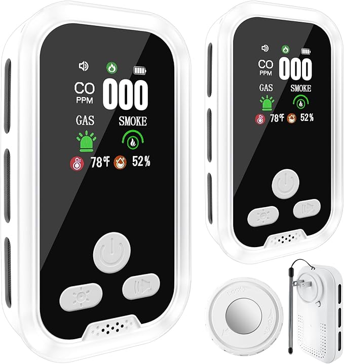2-Pack 5 in 1 Carbon Monoxide Smoke Combustible Gas Detector Portable Plug in CO Detector with HD Screen Display Temperature Humidity CO Level Alarms Battery Operated by ELECOIN