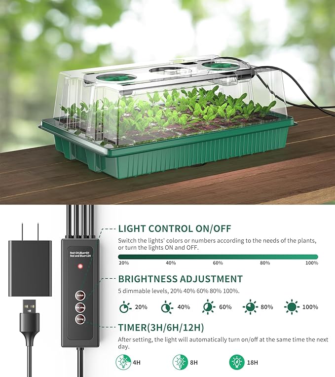 Seed Starter Tray, 80-Cells Seedling Starter Trays with Grow Light and Humidity Dome, Reusable Seed Germination Kit for Indoor Gardening Seed Starting (2 Pack, Green Base) - Image 2