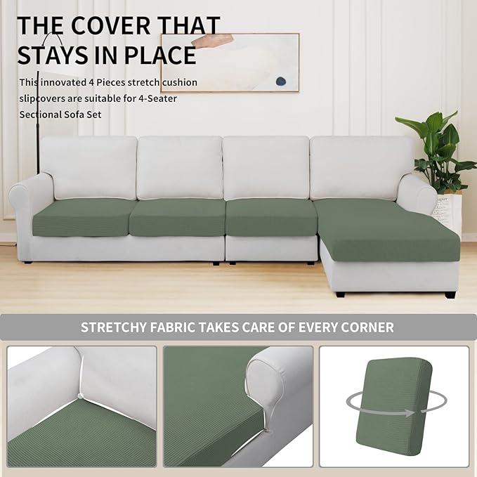 Easy-Going Stretch 4 Pieces Couch Cushion Covers for Sectional Sofa Left/Right L Shape Chaise Lounge Sofa Seat slipcover Anti-Slip Sofa Cover Soft (3 Seater + 1 Chaise, Greyish Green) - Image 5