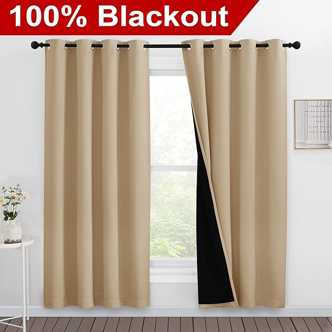 NICETOWN Living Room Completely Shaded Draperies, Privacy Protection & Noise Reducing Ring Top Drapes, Black Lined Insulated Window Treatment Curtain Panels(Biscotti Beige, 2 Pieces, W55 x L78) - Image 2