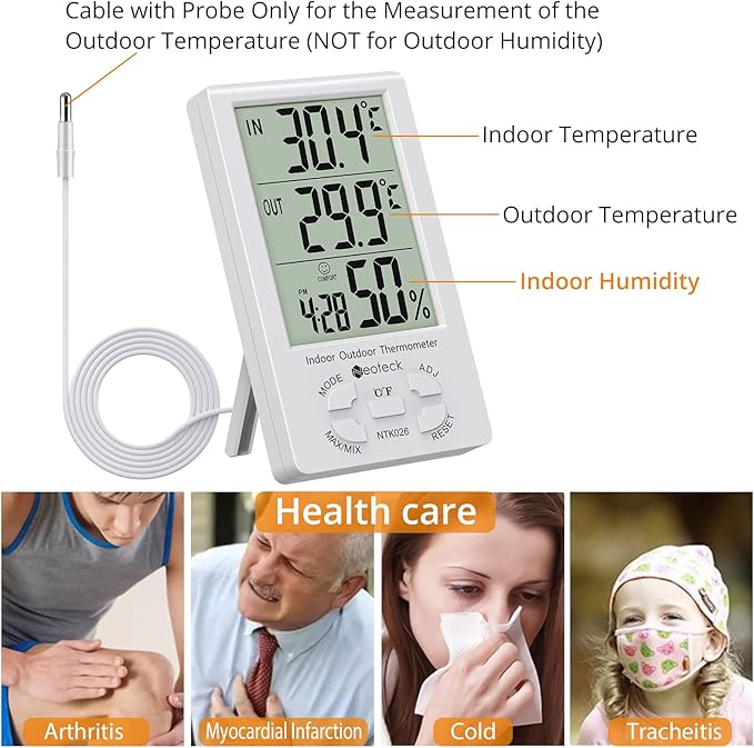Neoteck 3 in 1 Thermometer Hygrometer with Clock Large LCD Display, Digital Humidity Temperature Meter 1.5m Sensor Wire for Indoor Outdoor Use - Image 4