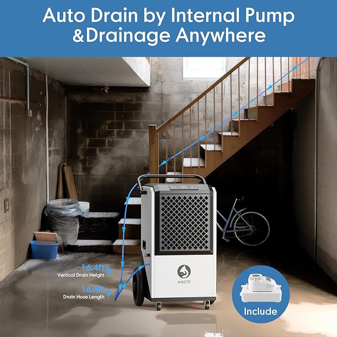 250 Pint Commercial Dehumidifier with Pump 8000sqft Industrial Basements Heavy Duty Commercial-grade Portable Dehumidifiers for Large Spaces,Warehouse Grow Room, Water Damage Restoration - Image 3