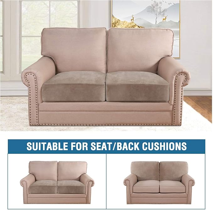 H.VERSAILTEX Velvet Stretch Couch Cushion Cover Plush Cushion Slipcover for Chair Loveseat Sofa Cushion Furniture Protector Seat Cushion Sofa Cover (2 Piece Large Sofa Cushion Covers, Taupe) - Image 3