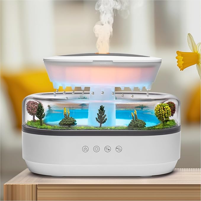 Essential Oil Diffuser 250ML Cloud Humidifier Rain Water Drip Diffuser Humidifier with Drip Music Micro Landscape Ultrasonic Diffuser for Bedroom Office Hotel (White Grey) by HOME