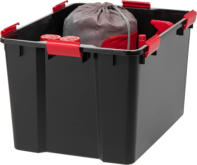 IRIS USA WeatherPro 74 Qt Storage Bins with Lids, 4 Pack, BPA-Free Plastic Gasket Box with Tight Latch and Seal, Stackable Nestable Tote Tub - Black/Red - Image 4