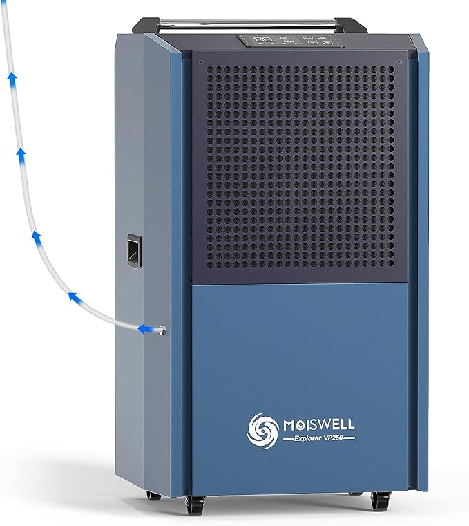 250 Pints Commercial Dehumidifier with Pump for Large Spaces, Industrial Heavy Duty Dehumidifiers with Drain Hose for Basements Warehouse Water Damage Restoration, 5-Year Warranty by Moiswell