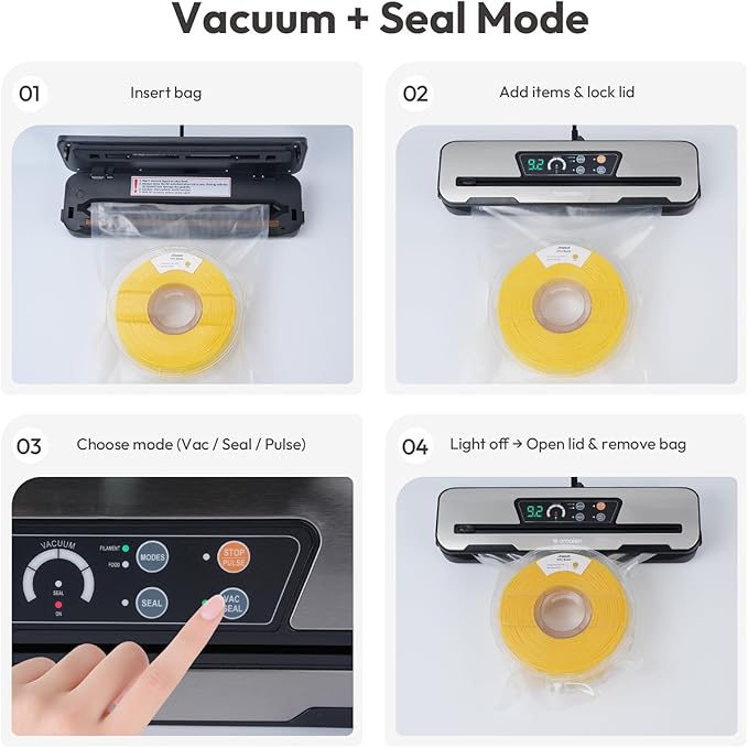 AMOLEN Vacuum Sealer Storage Bags Kit for Filament 20kPa, Dual-Use Vacuum Sealer Machine for Food 60kPa with Build-in Cutter&Storage, Digital Countdown, Air Suction Hose, 30 Vacuum Bags - Image 7