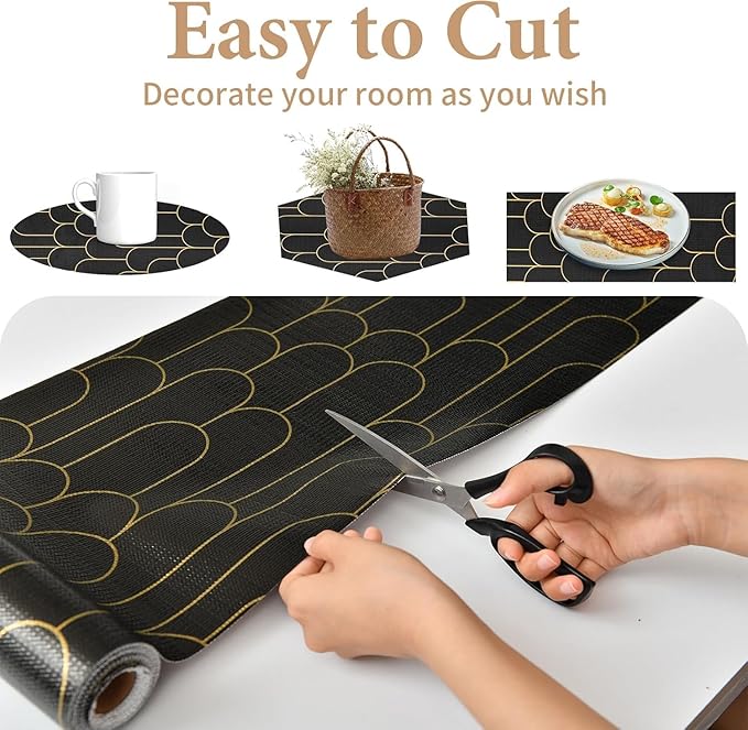 Shelf Liners for Kitchen Cabinets Drawer Liner 12in x 20FT Non Adhesive Black Gold Line Thickened Refrigerator Shelf Liner Paper Strong Easy to Clean for Tool Box with Knife and Tape Measure - Image 6