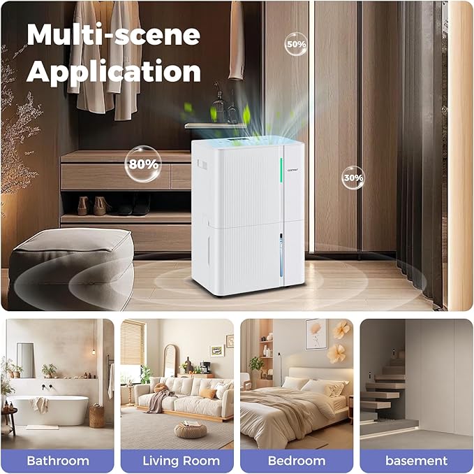 COSTWAY 74 Pints Dehumidifier for Basement, 6000 Sq.Ft Dehumidifier with 24H Timer, 3-Color Indicator, 1.2 Gallon Water Tank, Drain Hose & Wheels for Bathroom, Bedroom - Image 2