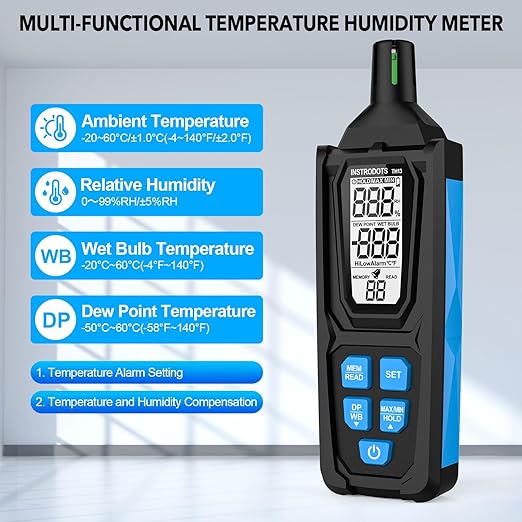 Temperature Humidity Meter, High Precision Digital Psychrometer Hygrometer with Dew Point, Wet Bulb Thermometer for Indoor Outdoor, 99 Data Storage, Temp Alarm, Backlight, MAX/MIN, Auto Shutdown - Image 5