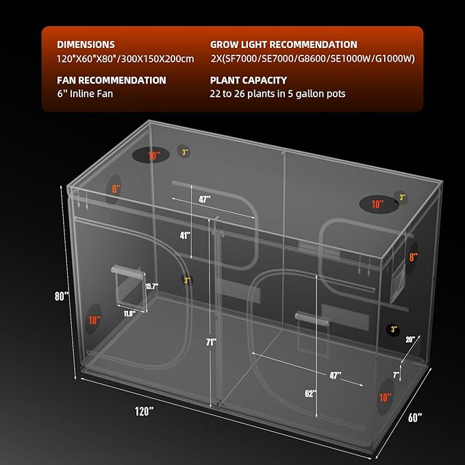 Spider Farmer 10x5 Grow Tent 2025 New, 120"x60"x80", with Hook for Controller and Power Strip, 1680D Thicken Mylar Canvas, Enlarged View Window for Indoor Hydroponic Growing for SF7000, SE7000, G7000 - Image 7