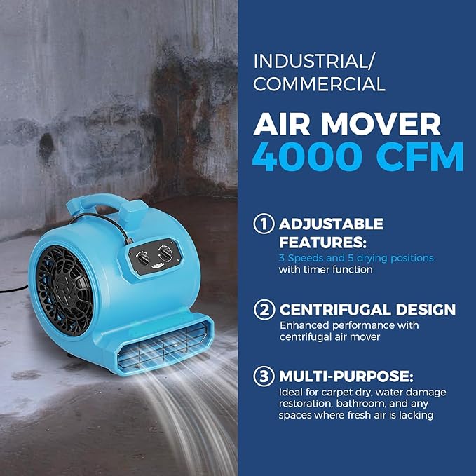 ALORAIR 4000 CFM Air Mover Blower Fan for Industrial, Floor Drying Fan, Carpet Dryer - Timer, Stackable, 3 Speeds, 5 Adjustable Angles Ideal for Water Damage Restoration and Plumbing - GE4000T - Image 2