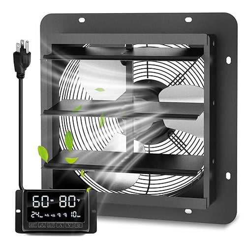 12" Wall Mounted Shutter Exhaust Fan with Thermostat - Temperature Humidity Controller, EC Motor, Aluminum Auto Shutter Ventilation Fan, Attic Vent Fan, Coops, Greenhouse, Barn, Shed Ventilator by Hanchen