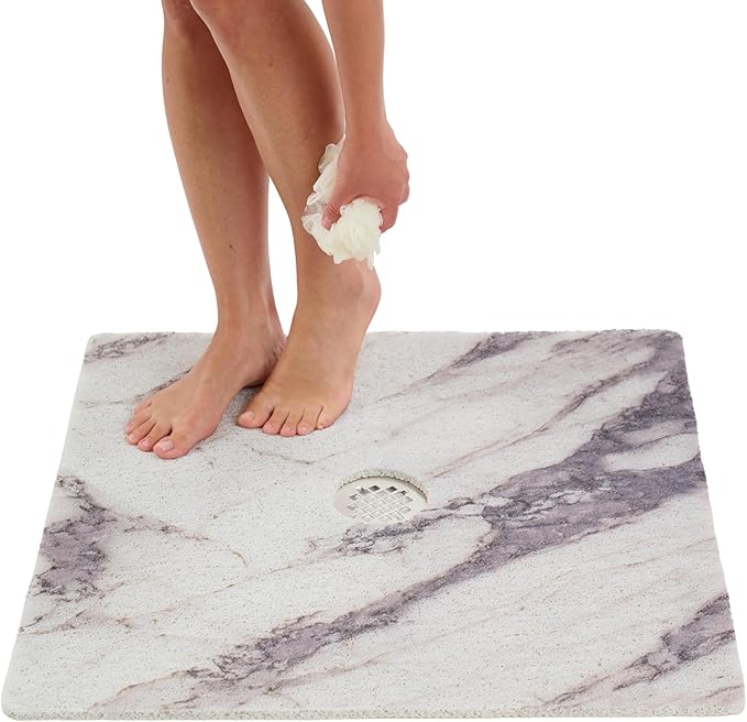 Enkosi Loofah Shower Mat with Drain Hole – Cushioned Anti-Slip Square Bath Mat for Showers, Wet Bathroom Floors – Textured PVC, Secure Non Slip Safety Pad for Walk-in Stalls (27x27 Marble Grey) by ENKOSI