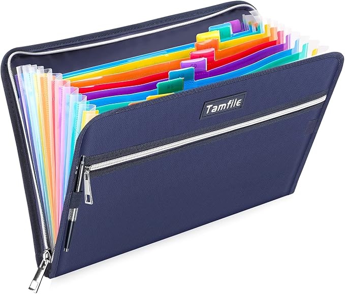 Fireproof Safe Accordion File Organizer Bag Folder,Waterproof Expanding Filing Folder with 14 Pockets, A4 Letter Size, Document Organizer Holder and Color Labels /2 Zipper, Navy Blue 14.3" x 9.8" by Tamfile