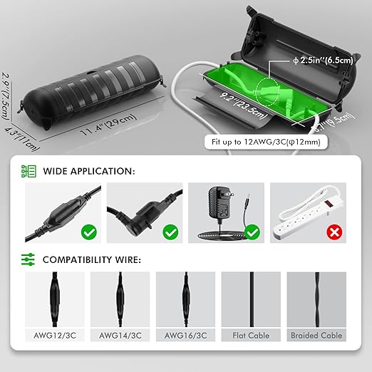 RESTMO Outdoor Waterproof Connection Box, Weatherproof Electrical Extension Cord Cover, Safe Sealed Cover to Protect Extension Cables, Strip Light, Power Tool, Timers, Holiday Decorations, Black - Image 2