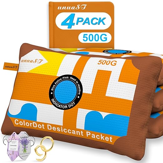4 x 500 Grams [4.4 lbs] Rechargeable Silica Gel Car Dehumidifier, unuaST Color Indicating Desiccant Packs for Storage, Large Desiccant Packs for Gun Safe Closet Basement Garage Moisture Absorber Bag by unuaST