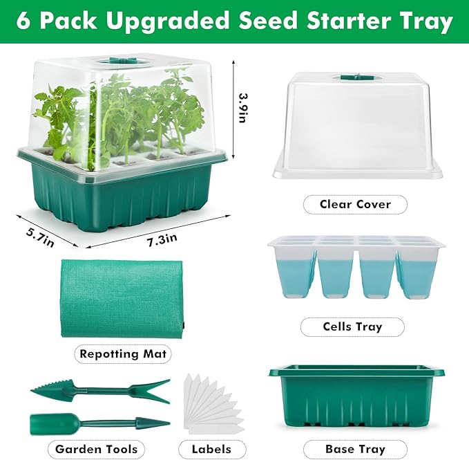 Reusable Seed Starter Tray with 72 Soft Silicone Cells, 6 Pack Seed Starter Kit with Repotting Mat, Humidity Dome and High Lid, Germination Trays for Indoor Greenhouse Seed Starter - Image 5