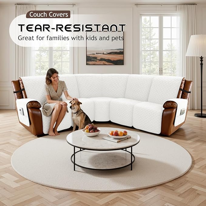 Arfntevss Waterproof Recliner Sectional Couch Covers for Reclining Sectional L Shape Sofa Cover Non Slip Washable Recliner L Shaped Slipcover Dog Additional Seat Protector (1 Seat Cover, Cream White) - Image 7