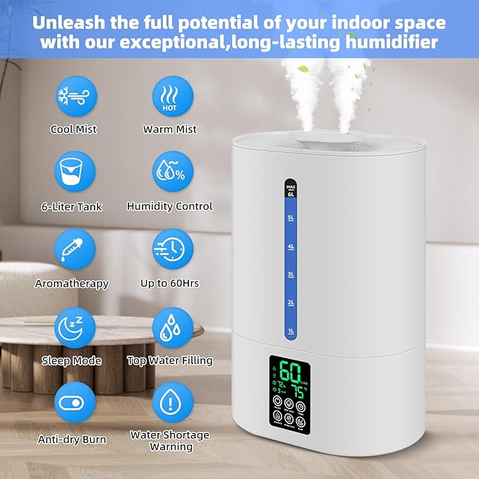 6L Humidifiers for Bedroom Large Room Home, Cool and Warm Humidifier for Baby and Plants Mist Top Fill Desk Humidifiers Essential Oil Diffuser, Quiet with Adjustable Mist,360°Nozzle-White - Image 4