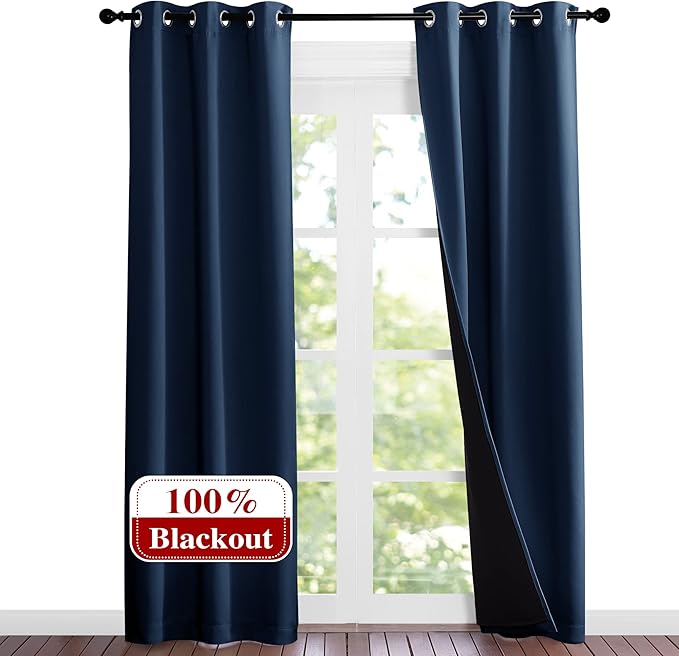 NICETOWN Complete 100% Blackout Curtain Set, Thermal Insulated & Energy Efficiency Window Draperies for Guest Room, Full Shading Panels for Shift Worker and Light Sleepers, Navy Blue, 37W x 84L, 2 Pcs by NICETOWN