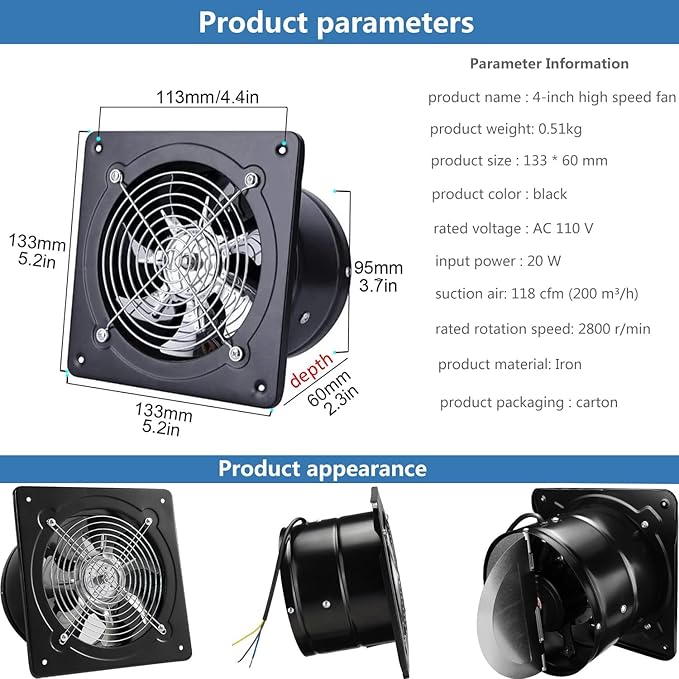 4 inch Exhaust Fan Metal Iron Ventilation Extractor, Silence with Anti-backflow Check Valve Window and Wall Mount Vent Fans for Home Office Kitchen Bathroom Grow Tent Garage - Image 3