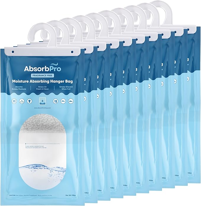 Moisture Absorbing Hanger Bag Fragrance Free - 10-Pack - 9.8 oz Hanging Dehumidifying Packs for Home, Kitchen, Bedroom, Bathroom, Closet, Rooms, Cars by AbsorbPro