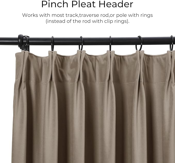 TWOPAGES Luxury Velvet Curtain Pinch Pleated Taupe Curtain 102 inch Long Thermal Insulated Blackout Drapes for Bedroom Living Room Indoor Window (1 Panel,Taupe,40Wx102L) - Image 2