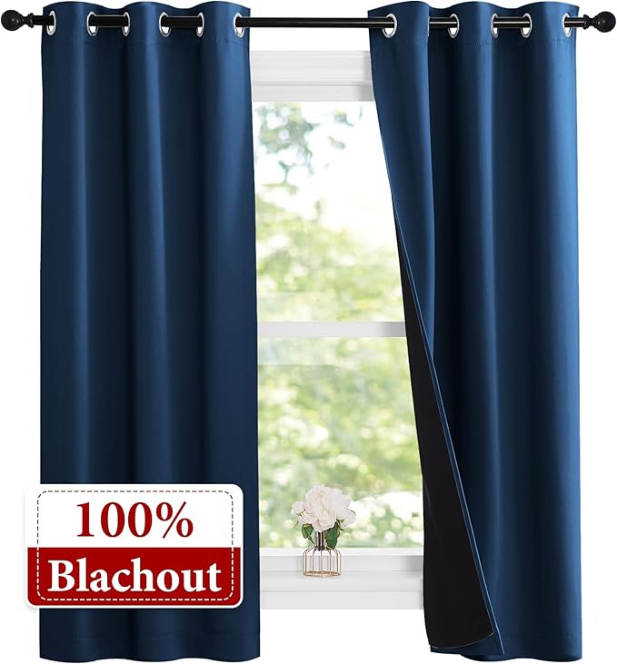 NICETOWN 100% Blackout Short Curtains with Black Liners, 2 Panels, 37" W by 50" L, Moroccan Blue, Thermal Insulated Full Blackout 2-Layer Lined Drapes, Energy Efficiency Window Draperies for Bedroom - Image 2