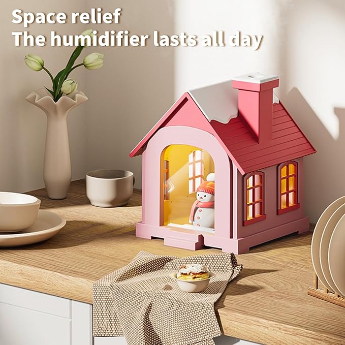 Christmas Village Houses Humidifier 500ml, Cute Snow House Cool Mist Humidifier with Snowman Figurines & Night Light for Bedroom & Office Décor (Pink) - Image 2