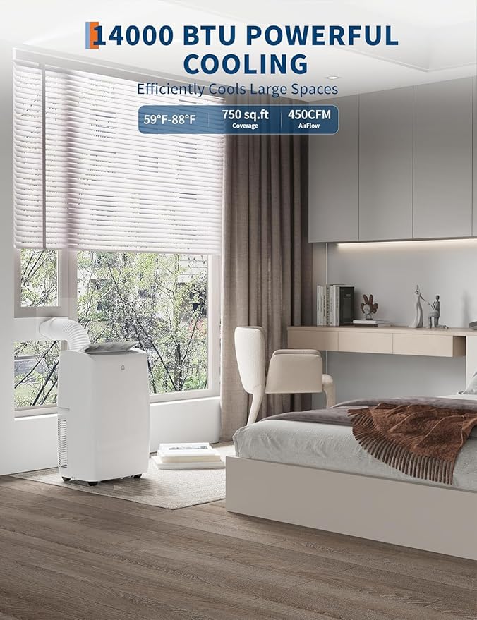 14000 BTU Portable Air Conditioner - 3 in-1 AC Unit with Dehumidifier & Fan, Cools Up to 750 Sq Ft, Quiet 52dB, Easy Install Kit for Home/Garage/Apartment - Image 2
