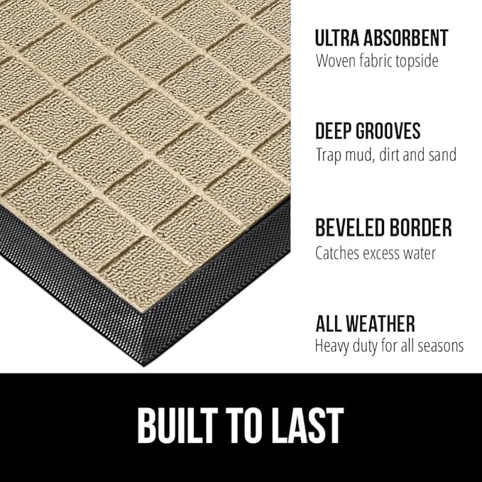 GORILLA GRIP 100% Waterproof All-Season WeatherMax Doormat US Designed Natural Rubber, Stain and Fade Resistant, Low Profile Indoor Outdoor Door Mats, Easy Clean Patio Mat, 23x35, Taupe Grid - Image 2