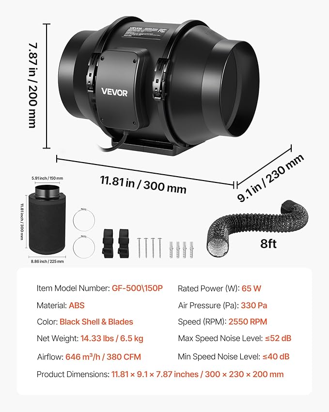 VEVOR 6" Air Filtration Kit, 180 CFM Inline Duct Fan with Speed Controller, Carbon Filter & Ducting Ventilation System for Heating Cooling Booster, Grow Tents, Hydroponics - Image 7