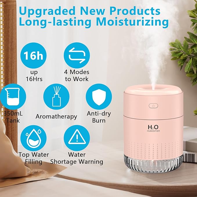 Colorful Mini Humidifier, USB Rechargeable Humidifier, small humidifier, 4 Modes Super Quiet, Humidifiers For Bedroom,Suitable For Travel Office Family Baby Bedroom-Soft Pink - Image 2