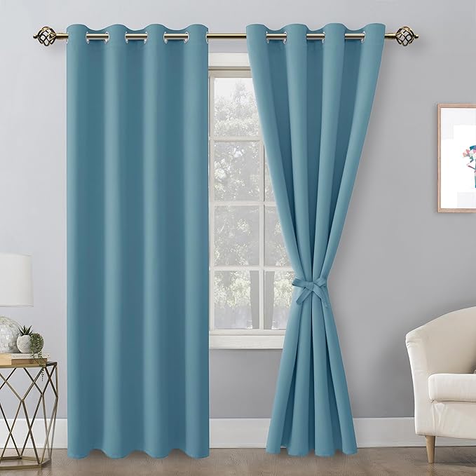 Hiasan Blackout Curtains for Bedroom, 52 x 84 Inches Long - Thermal Insulated & Light Blocking Window Curtains for Living Room, 2 Drape Panels Sewn with Tiebacks, Stone Blue - Image 2