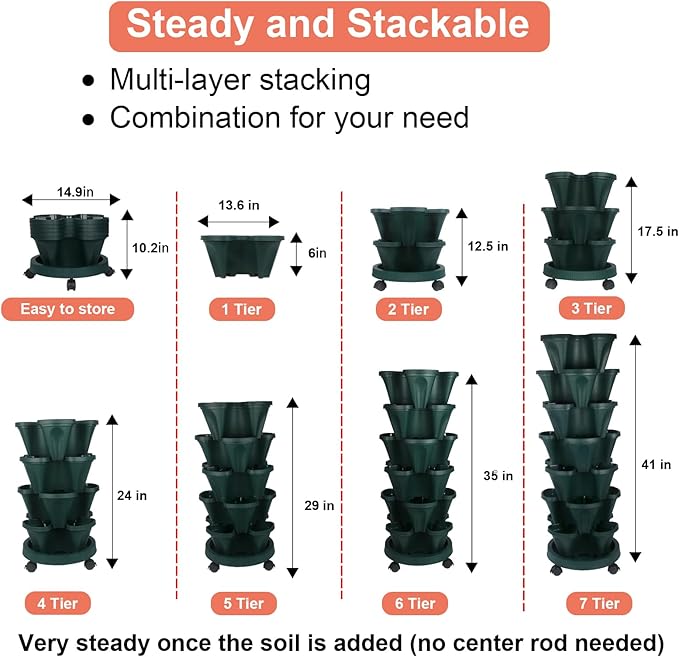 GameXcel Vertical Planter 7 Tier Stackable Planters Garden Planters Strawberry Herb Flower and Vegetable Planter Indoor Outdoor Gardening Pots with Removable Wheels and Tools - Image 7