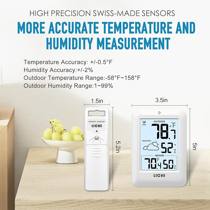 Indoor Outdoor Thermometer Wireless Weather Station, Internal External Thermometer Hygrometer, Home Batteryoperated Temperature Humiditymonitors330 Feet (About 100 Meters) Backlight Display (White) - Image 3