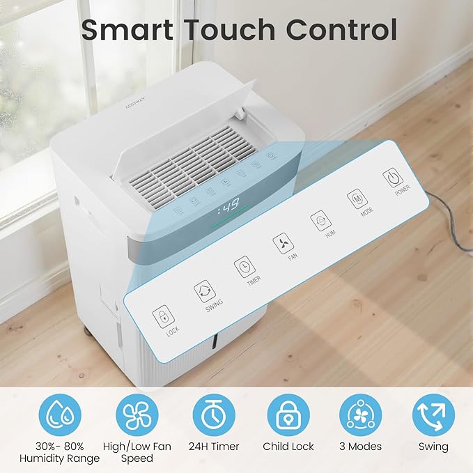 COSTWAY 5500 Sq.Ft Dehumidifier for Basement, Home Dehumidifier with Convenient Handle, 1.4 Gallon Tank, Auto Defrost, 24H Timer, 3-Color Indicator, Drain Hose & Wheels for Bathroom, Bedroom (96 pint) - Image 5