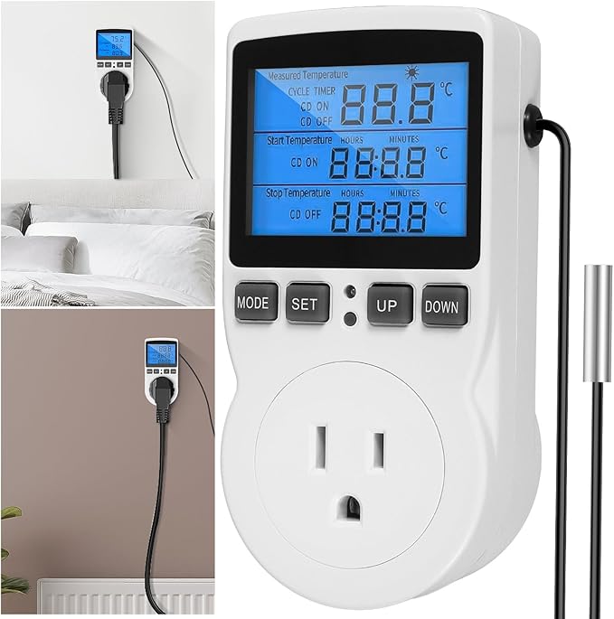 Digital Temperature Controller, 1800W 15A/120V Safe Thermostat Timer Outlet, LCD Display, Heating Cooling Control Timer Outlet Socket, Plug in Temp Controller for Fermenter, Greenhouse - Image 8