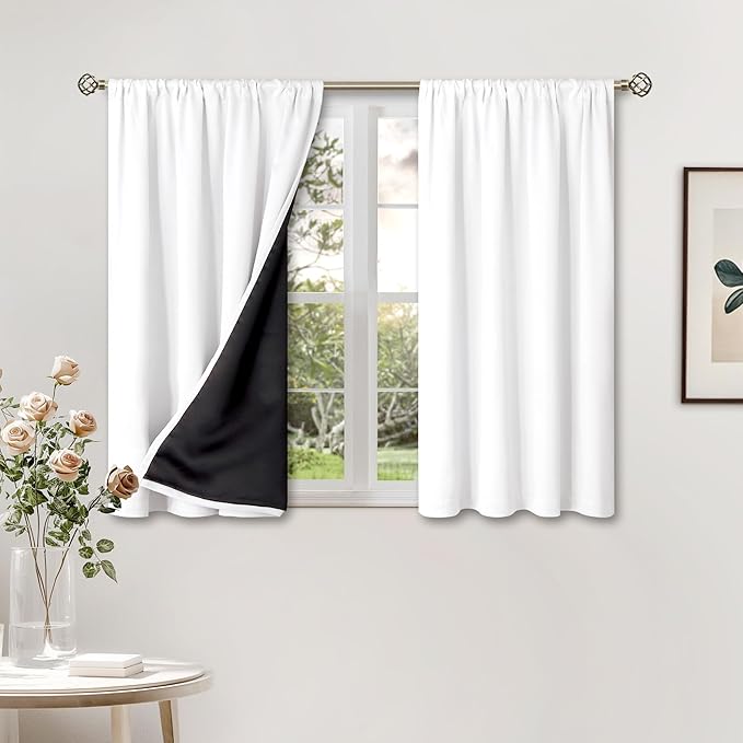 BGment Short Blackout Curtains for Small Window 40 Inch Long, Thermal Insulated Full Room Darkening Bedroom Curtains Noise Cancelling Privacy Rod Pocket Kitchen Curtains, 2 Panels, 42 Wide, Pure White by BGment