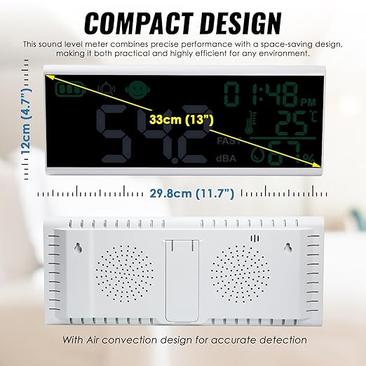 Decibel Meter 13 inches 30~130dB Sound Level Meter, Large LCD Display Wall Hanging Sound Gauge, Noise Level Detector, Decibel Monitoring Device, Time, Temperature, Humidity for Studio Classroom Home - Image 7