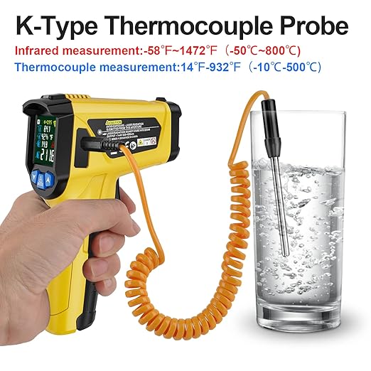 MESTEK Infrared Thermometer Gun -58°F to 1472°F, Digital Temperature Gun/K-Type Probe -14°F~932°F, Humidity Sensor, IR Laser Temp Gun with Color LCD for Cooking Pizza Oven BBQ HVAC Home-Industrial - Image 2