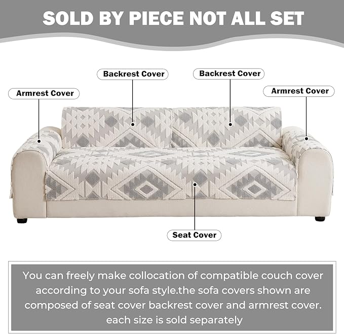 Boho Plush Couch Covers for Sofa Washable, Fuzzy Soft Couch Cover for Sectional Sofa, Non Slip Jacquard Sofa Cover Furniture Protector for Kids, Pets (Light Grey,36"x36") - Image 2