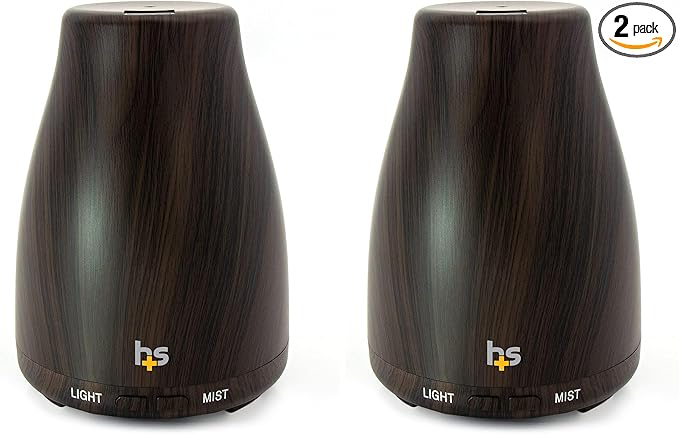 HealthSmart Essential Oil Diffuser, Cool Mist Humidifier and Aromatherapy Diffuser with 150ML Tank Ideal for Small Rooms, Adjustable Timer and Mist Mode, Wood Grain Brown (Pack of 2) by HealthSmart