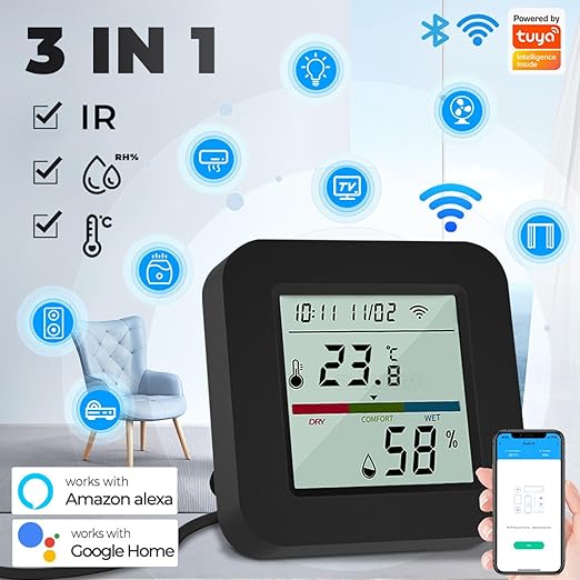 WiFi Smart IR Remote Control, 3-in-1 Smart AC Controller with Temperature Humidity Sensor n Display, Intelligent Control of T&H for Home Greenhouse Pet Garage, Compatible with Alexa (C1) - Image 2