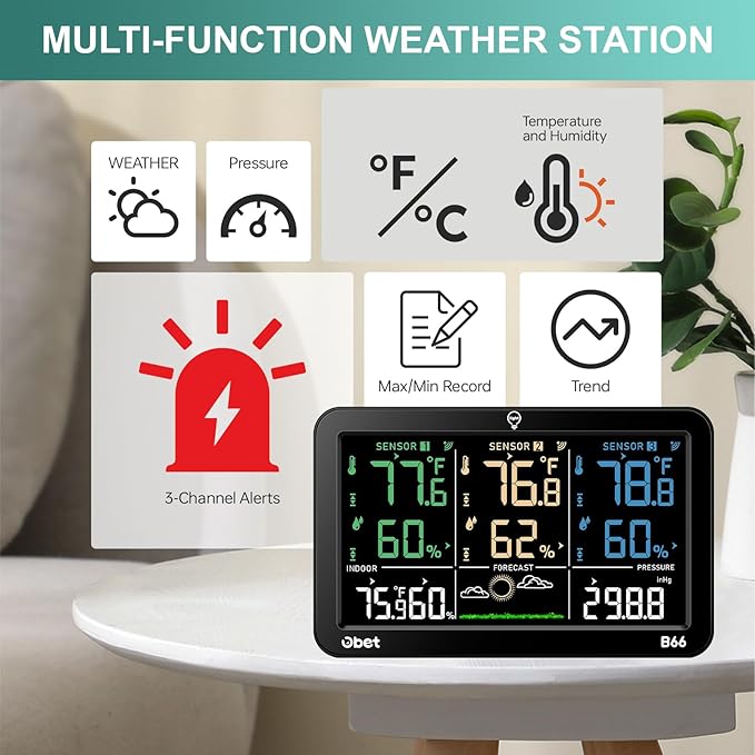 OBET Weather Station Wireless Indoor Outdoor Thermometer Wireless, Color Display Digital Temperature and Humidity Monitor with 3 Sensors, Alerts, Adjustable Backlight, USB Port (500 Feet) - Image 3
