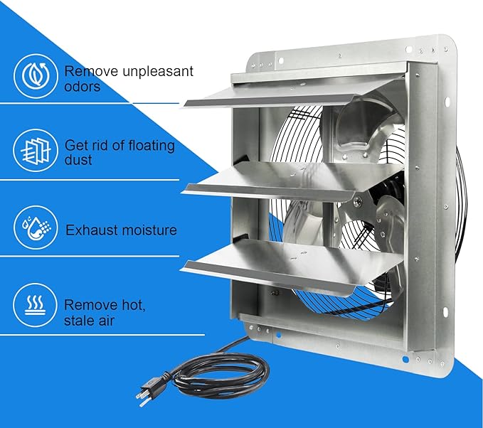 KEN BROWN 14 Inch Shutter Exhaust Fan, Gable Vent Fan, Wall Mount Ventilation, High Speed 1950 CFM, Automatic Aluminum Blades, for Garages, Shop, Greenhouse, Attic, with Power Cord - Image 5
